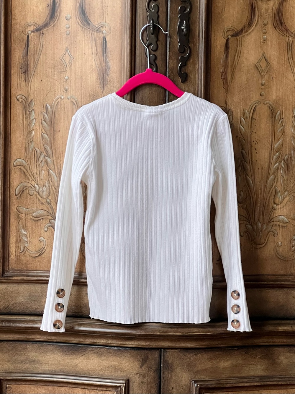 ZARA Girl Off White Cream Fitted Ribbed Crewneck Top with Button Cuffs Sz 8 9